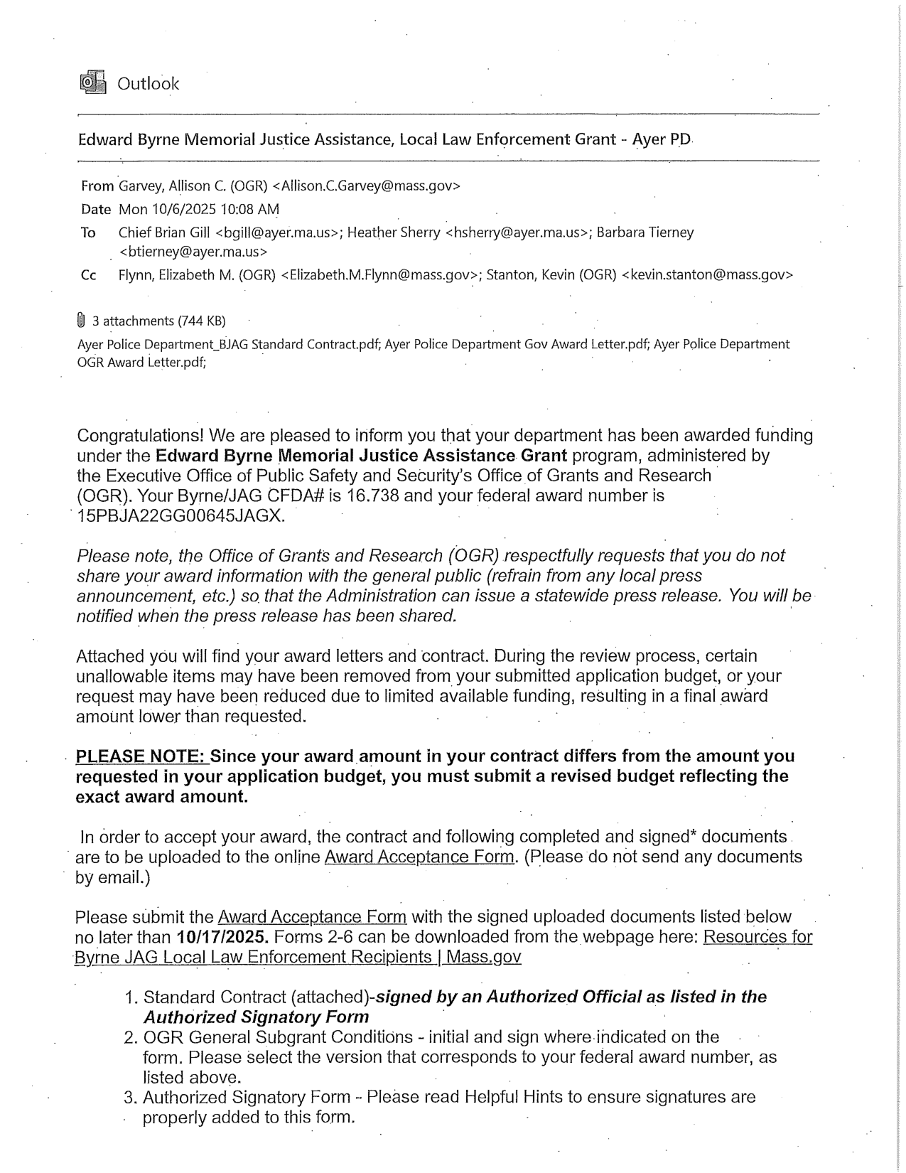 OGR award email