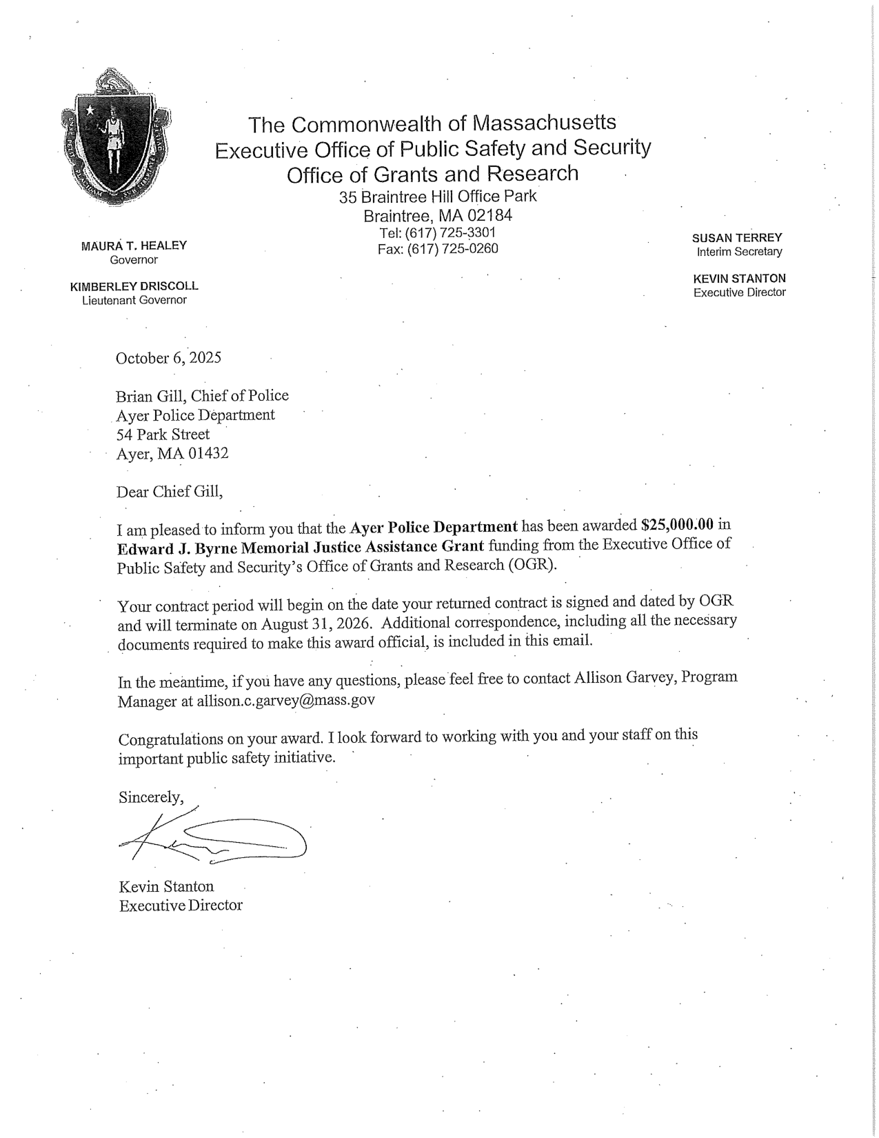 Kevin Stanton OGR award letter