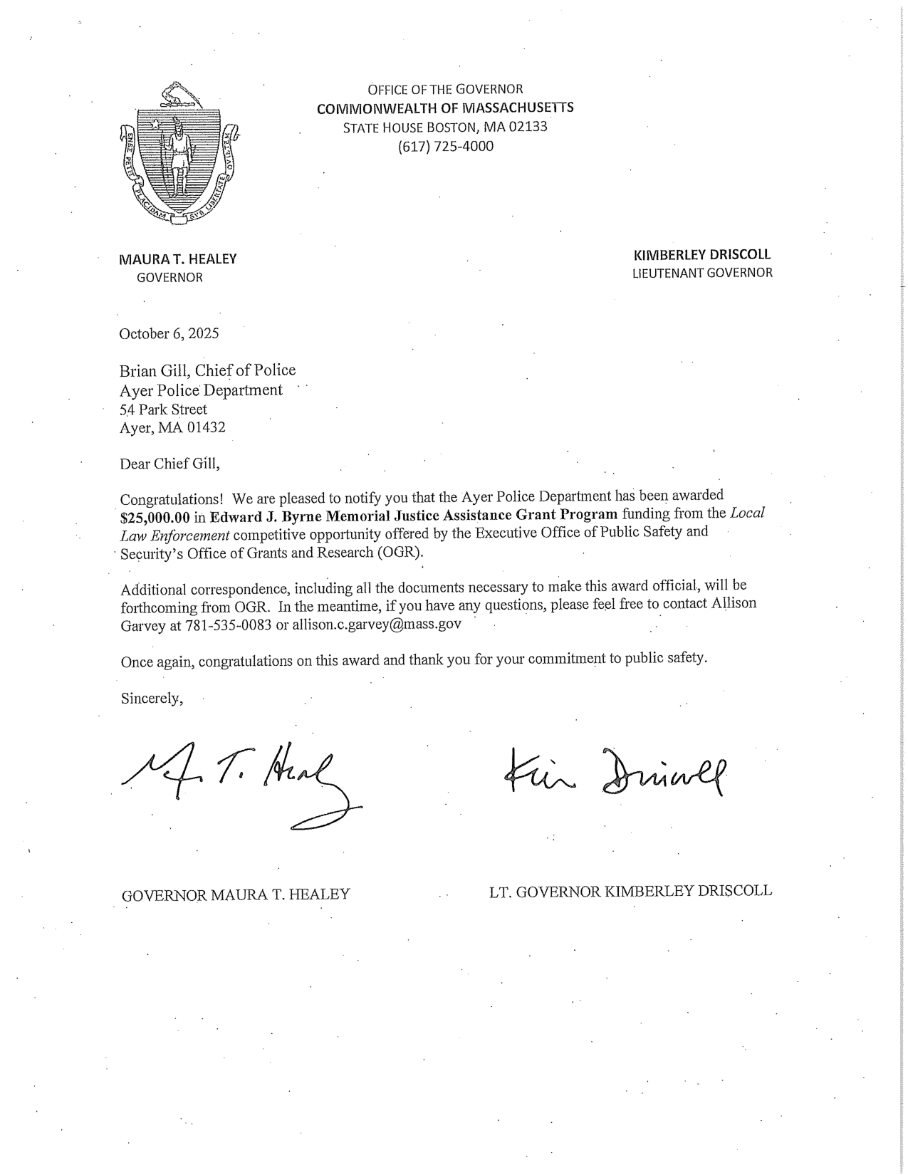Governor Healey and Lt Gov Driscoll letter