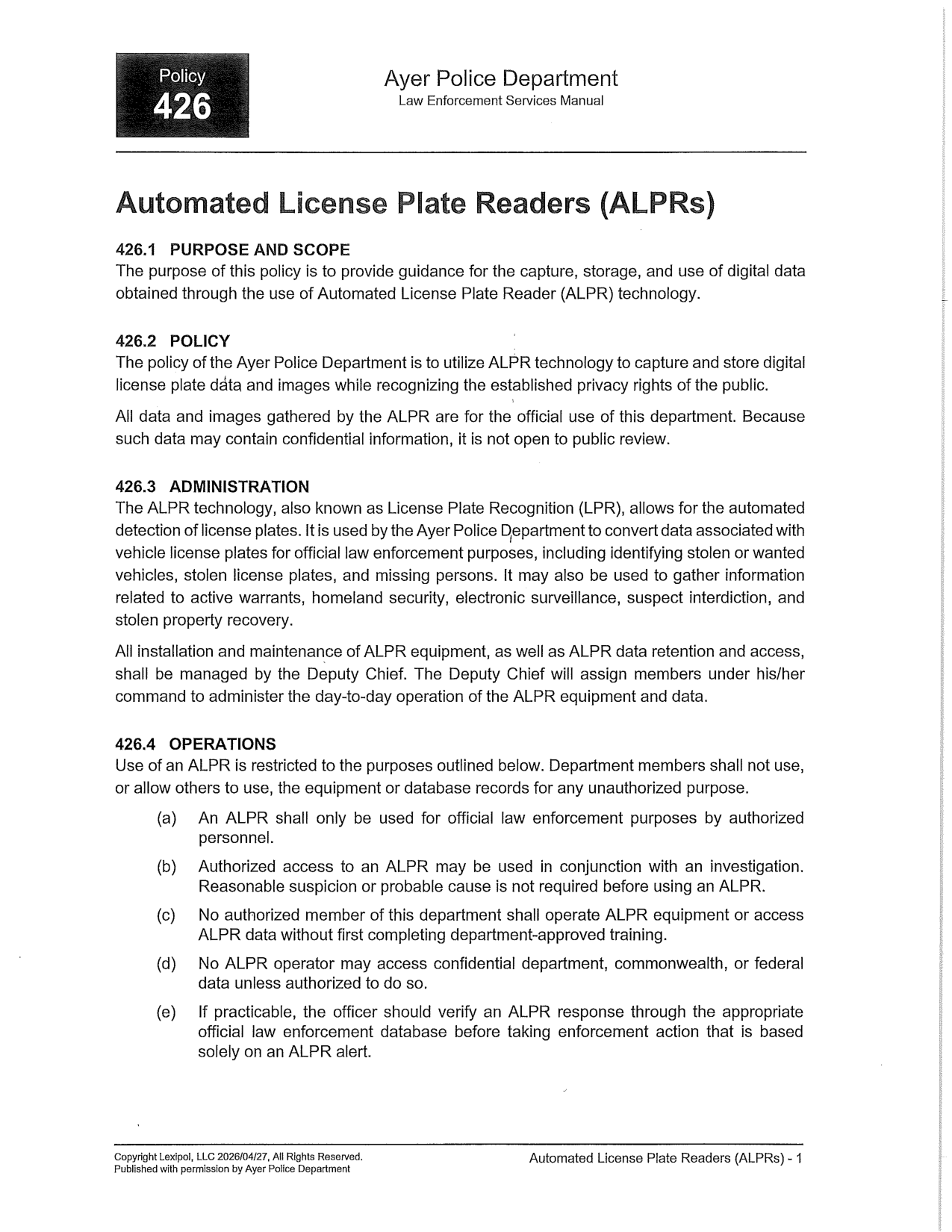 APD Policy 426 page 1